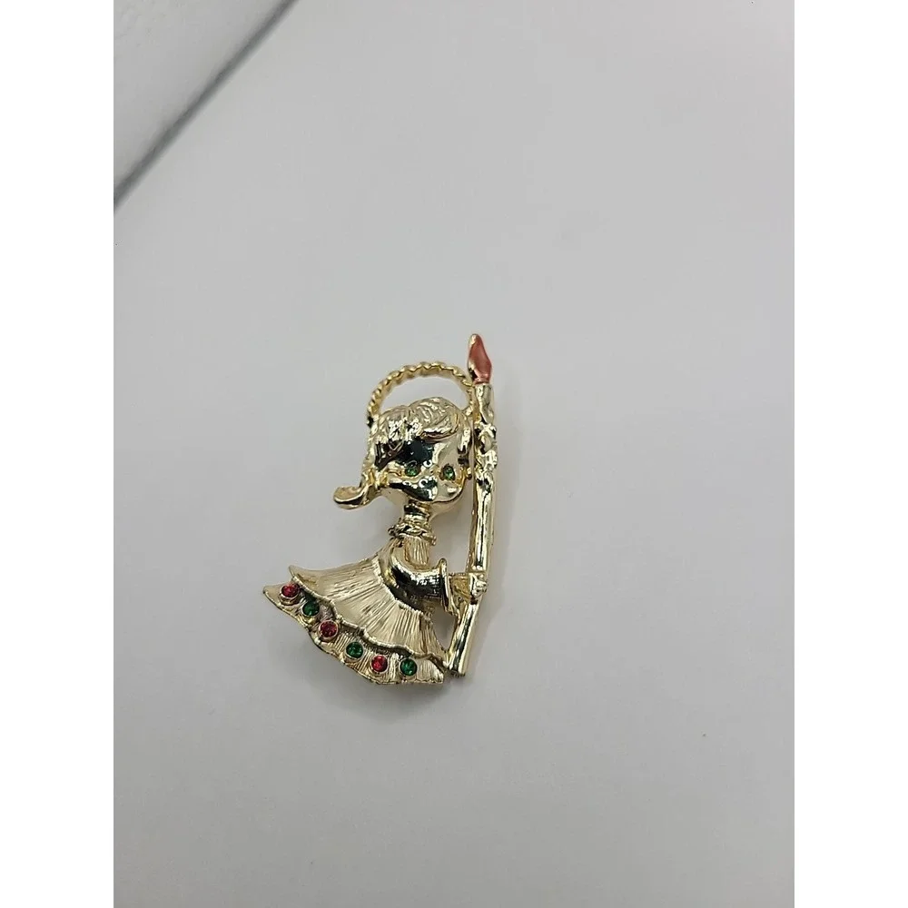 Vintage‎ Christmas Girl Holding Candle Brooch Gold Tone Red Green Rhinestone Pin